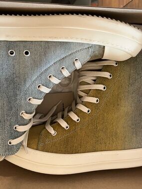 Rick Owens Two-Tone Denim High-Top Sneakers in Blue and Golden Yellow